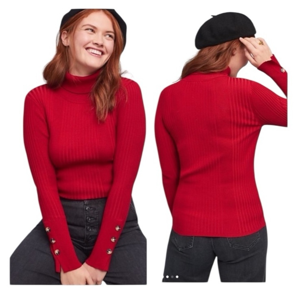 Moth by Anthropologie Red Turtleneck Sweater Button Sleeves Size S